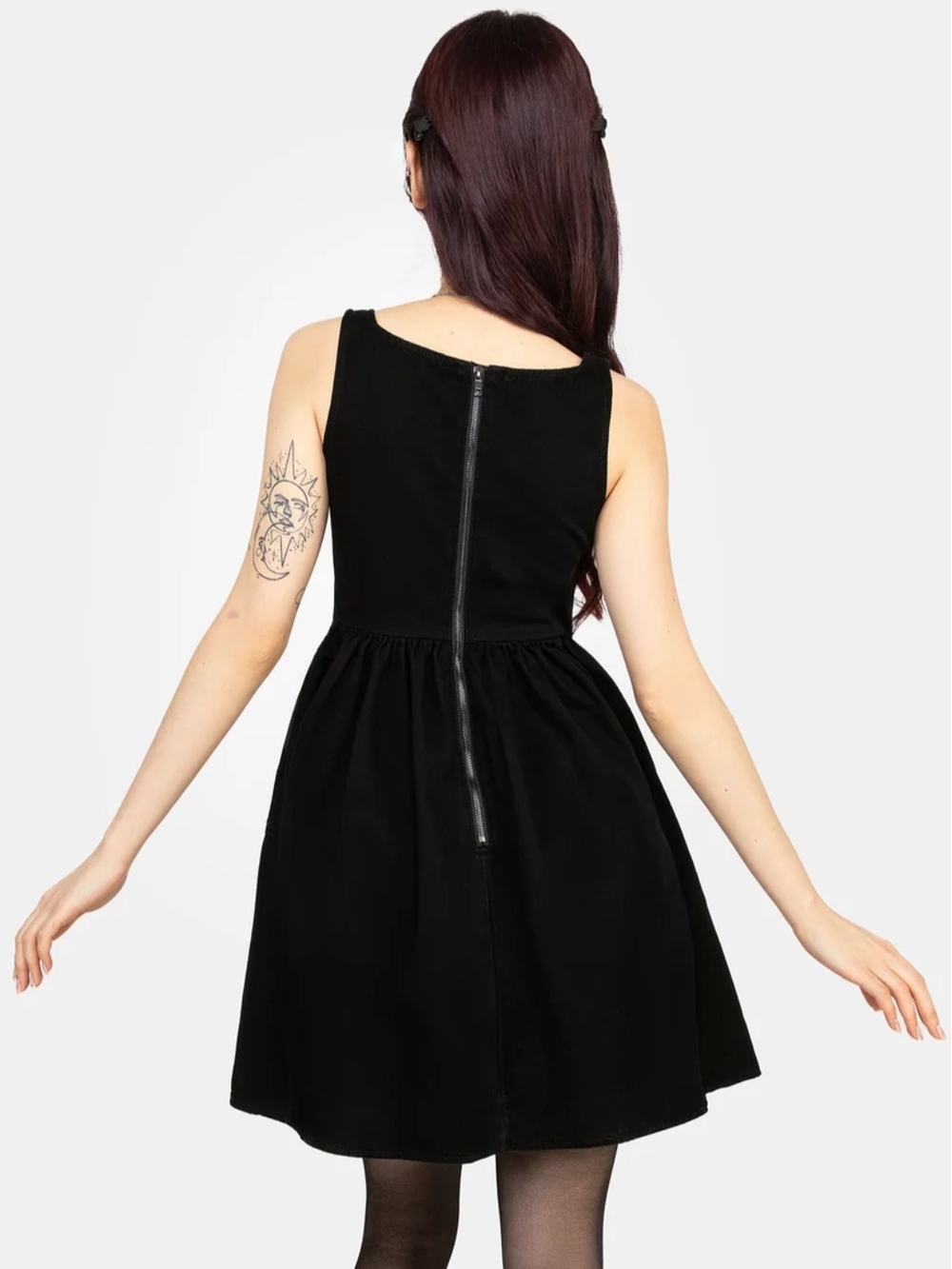 Deadhead Rose Embroidered Black Denim Mini Smock Dress - Picture 5 of 6